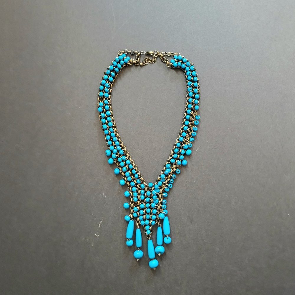Turquoise Blue Multi Strand and Bronze Chain Necklace